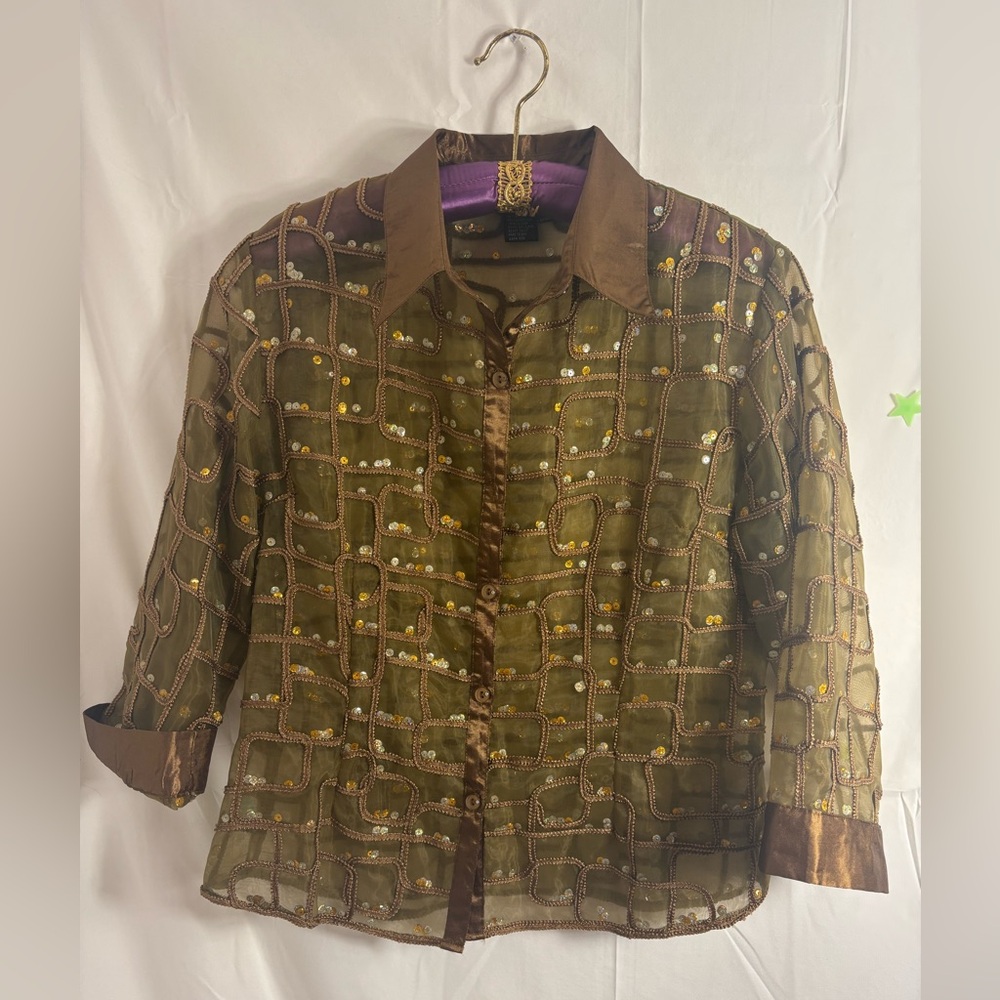 90’s VTG Satin Sequin Semi Sheer Textured Brown Gold Women’s Button Down Size M